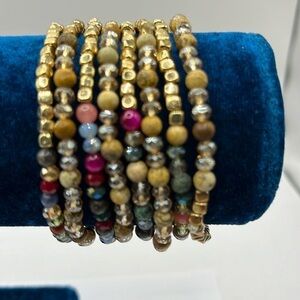 Gold Jewel Tone Beaded Stretch Set 8 Strand Bracelet Fun Boho Layered